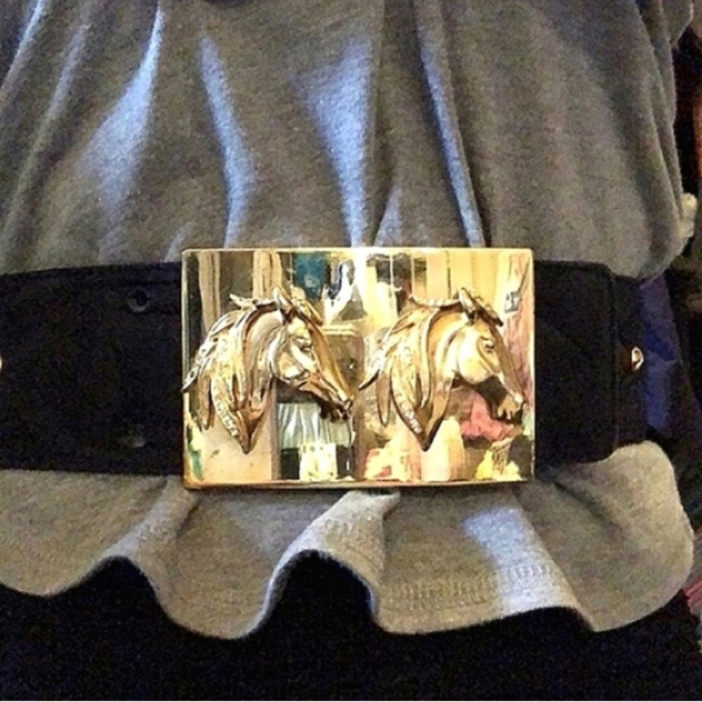 ESCADA Equestrian Horse Gold Buckle Rhinestone Belt RARE